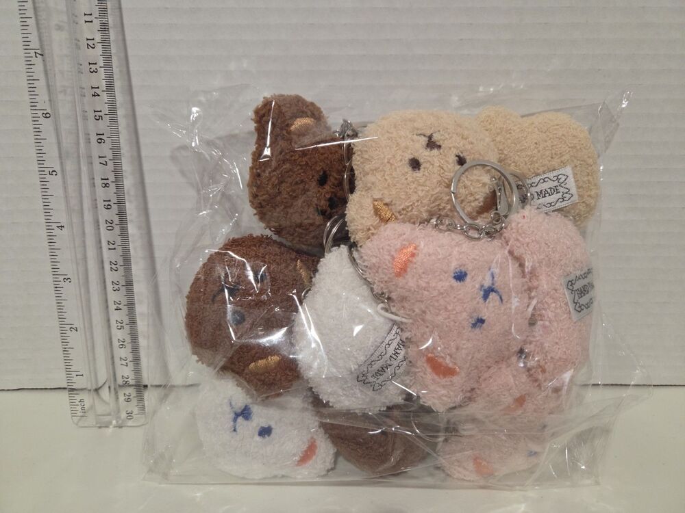 Lot of 12 Plush Bear Head Keychains w/ Keyrings, Multicolor Embroidered